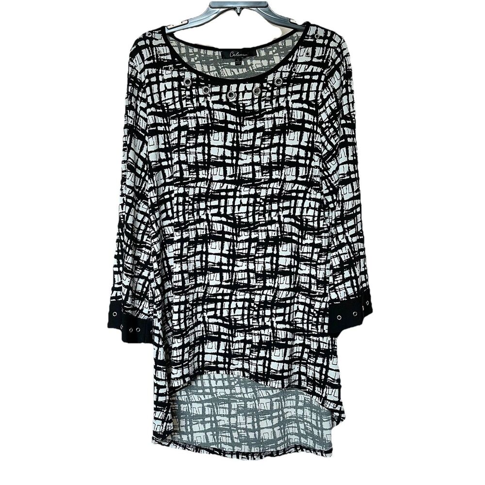 Calessa Tunic Top Women’s Lg  Pullover High Low Blk White Grommets Lagen Artsy
